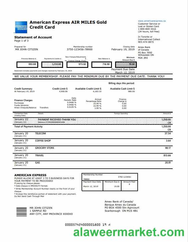 Canada American Express Air Miles Gold Credit Card account statement